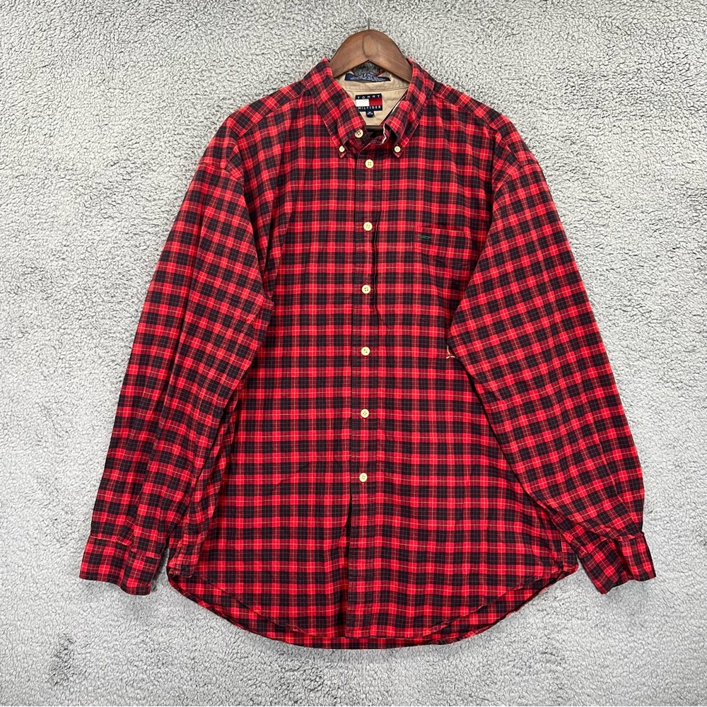 Tommy Hilfiger Button Shirt Red Plaid 100% Cotton Men Sz XL